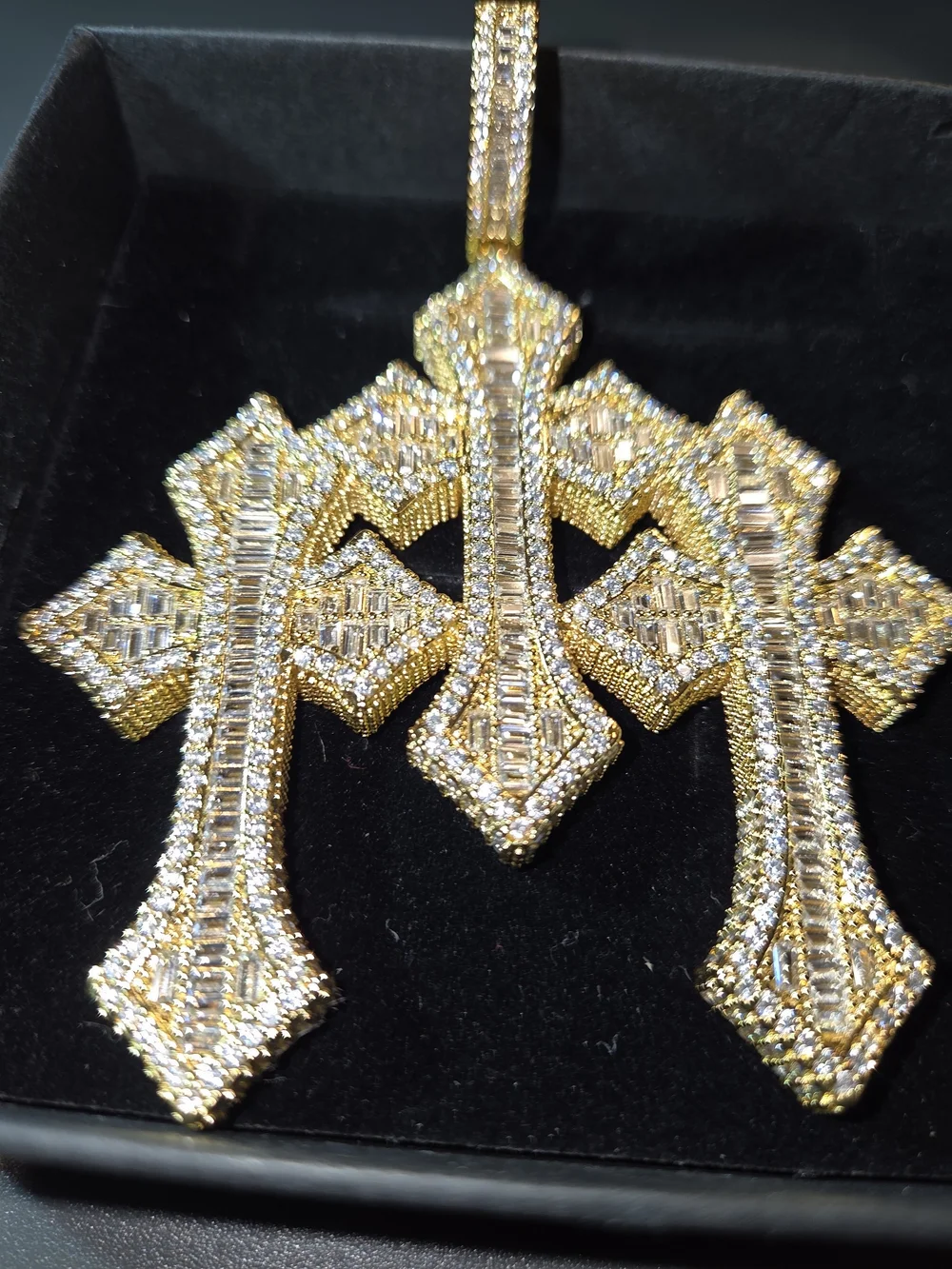 Iced Out Triple Cross Moissanite Pendant/14k Gold Vermeil Over 925 Sterlling NEW